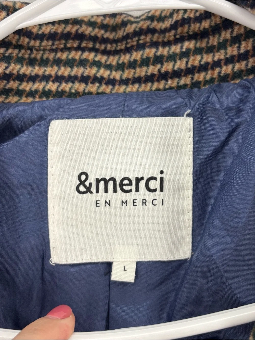 & Merci Tweed Blazer Jacket Brown Navy Houndstooth Lined Women’s Size Large